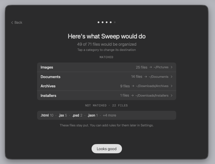Preview window showing file categories